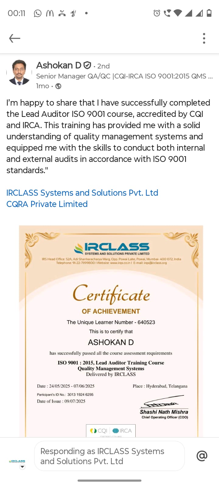 Learner certificate